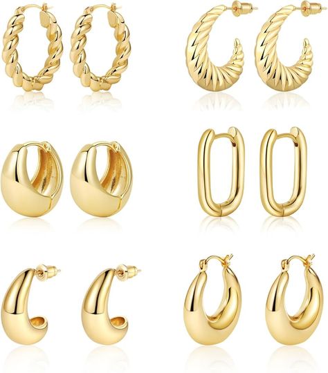 Amazon.com: BERISO 6 Pairs Gold Hoop Set Earrings for Women 14K Gold Plated Lightweight Small Gold Hoop Earrings for Women Chunky Open Huggie Hoops Earrings : Clothing, Shoes & Jewelry Women Hoop Earrings, Trendy Earrings Hoops, Preppy Gold Hoop Earrings, Non Tarnish Earrings, Gold Earrings Pack, Small Thick Gold Hoop Earrings, Medium Hoops Earrings, Cute Trendy Earrings, Cute Earrings Hoops Gold