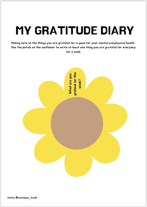 Use this gratitude diary page to write down one thing a day you are grateful for. Use the petals to write one on every day for a week. Gratitude Diary, Power Of Gratitude, End Of The Week, Physical Health, Blank Book, Book Journal, Gratitude, Music Book, How Are You Feeling