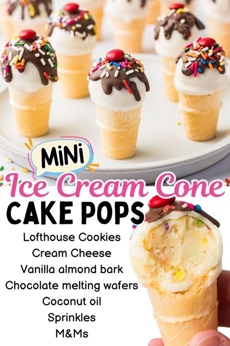 These are the cutest mini Cake Pops Ice Cream Cones! Made from Lofthouse cookies mixed with cream cheese – no cooking or cake mix needed! An adorable dough ball dipped in a candy coating and decorated with a chocolate drip, colorful sprinkles, and a signature cherry on top will have you screaming for cake pop ice cream! Cake Pops Ice Cream, Ice Cream Cones Recipe, Summer Party Cake, Ice Cream Cone Cake Pops, No Bake Cake Pops, Ice Cream Cake Pops, Lofthouse Cookies, Cone Cake, Ice Cream Cone Cake