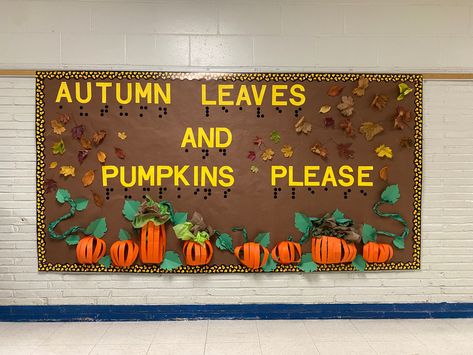 Classroom Leaves Decor, Tissue Paper Leaves, Brown Tissue Paper, Autumn Leaves And Pumpkins Please, Fall Bulletin Board, Halloween Bulletin Boards, Pumpkin Vine, Infant Classroom, Fall Boards