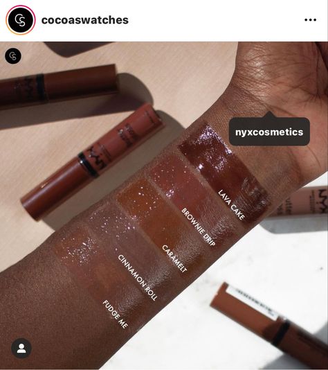 Nyx Lava Cake, Lava Cake Nyx Butter Gloss, Nyx Butter Gloss Swatches Dark Skin, Lipliner Tutorial, Lip Colors For Skin Tone, Nyx Butter Gloss Swatches, Dark Lip Gloss, Brown Lipgloss, Lip Liner Tutorial