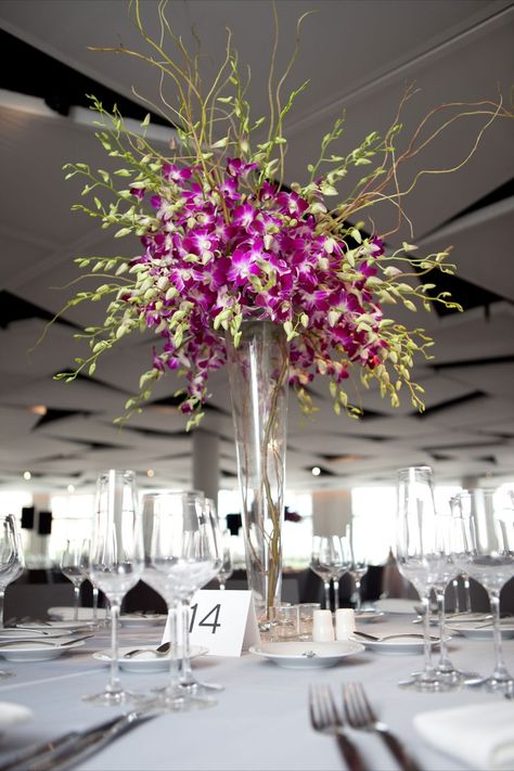 Submerged Flowers, Calla Lily Centerpieces, Lilies Bouquet, Tall Centerpiece, Samantha Wedding, Fluted Vase, Tall Centerpieces, Cymbidium Orchids, Pink Orchids