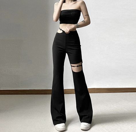 Black flare pants with the word love on the hip Black Pants Summer, Mom Goth, Alt Women, Reference Clothes, Gothic Pants, Black Flare Pants, Dark Clothes, Dance Outfit, Body Outfit