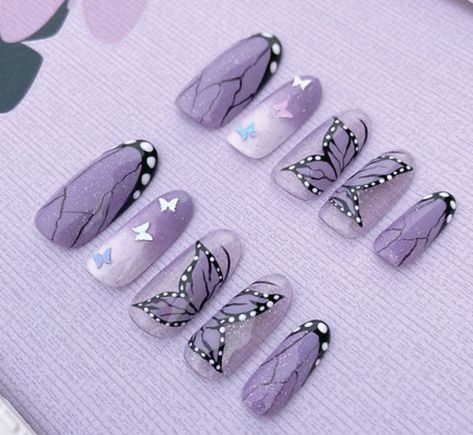 Butterfly Purple Nails, Ateez Nails Designs, Ateez Nail Art, Bts Nails Designs, Cute Korean Nail Designs, Nail Art Bts, Bts Nails Ideas, Ateez Nails, Bts Nails