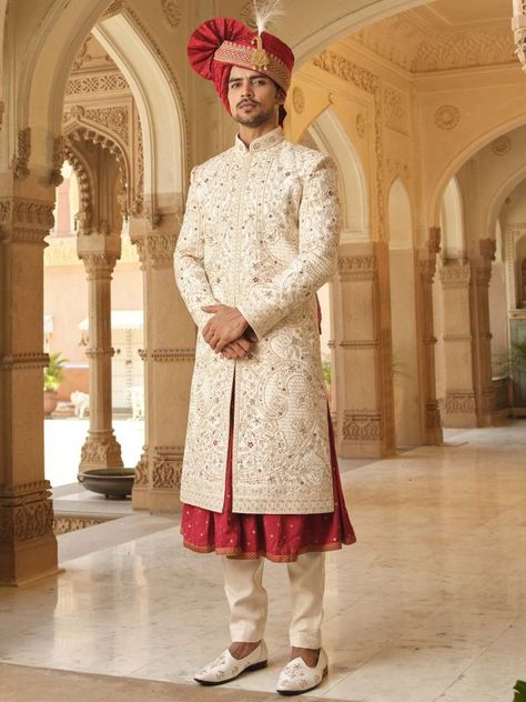 Sherwani For Men - Buy Traditional Indian Wedding Sherwani Online USA Groom Dress For Wedding, Men Wedding Sherwani, Wedding Sherwani For Men, Cream Sherwani, Wedding Dress Groom, Men Sherwani, Layered Kurta, Groom Sherwani, Sherwani For Men Wedding