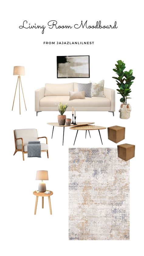 This is moodboard for living room. Trying to match the beige color furniture and overall look. So comfy and beautiful. All this item can be found in Shopee Malaysia. For link can visit my IG jajazlanlilnest Grey Beige And Tan Living Room, Beige Living Room Accent Colors, Beige Couch Color Palette, Mixing Sofa Styles In Living Room, Styling A Beige Couch, How To Style A Beige Couch, Beige Sofa Decor Ideas, Mix Sofas Living Rooms, Beige Sofa Rug Ideas