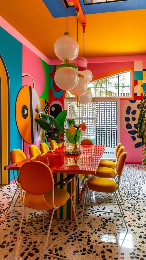 If I Designed an Airbnb Mansion: Bringing the Vibrant Vibe to Life — Living Bright Interiors Ideas For Airbnb, 70's Room, Unrealistic House, House Room Design, Funky Dining Room, Funky Living Room, Estilo Kitsch, Funky Bathroom, Fun Interior