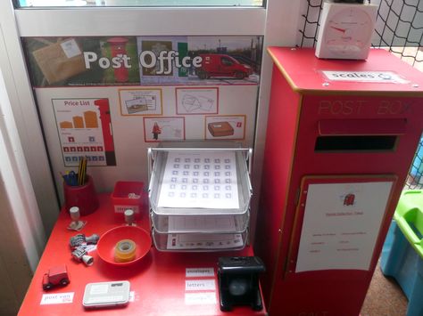 Post office writing area Jolly Postman Eyfs Activities, Post Office Role Play Eyfs, Christmas Post Office Role Play, Post Office Role Play, Preschool Post Office, Role Play Post Office, Post Office Pretend Play, Play Post Office, Post Office Dramatic Play Set Up