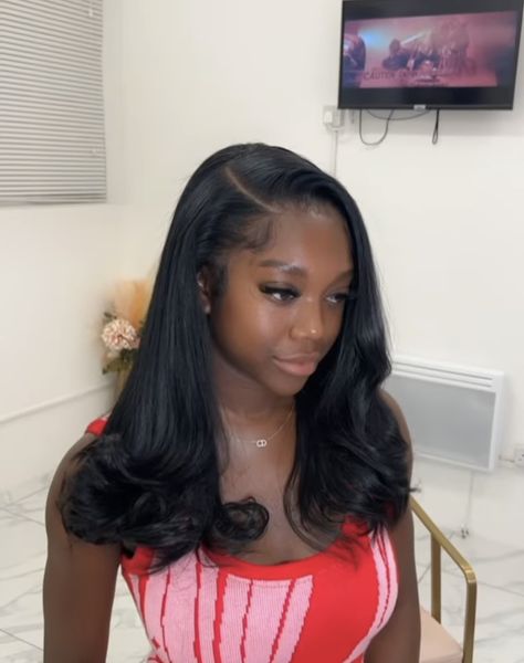 Sew In Hairstyles For Homecoming, Hairstyles For Hoco Black Hair, Silk Press Natural Hair Flipped Ends, Homecoming Hair For Black Women, Straight Wig With Bumped Ends, 16 Inch Wig Styles, Closure Weave Hairstyles, Wig Bumped Ends, Graduation Sew In Hairstyles