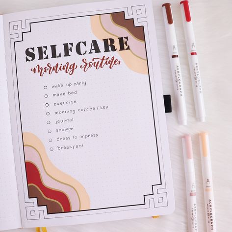 Hi! It’s Kate from @journalwithkate on Instagram and today I’m here to share a selfcare morning routine to restore your calmness. Self-care is something we all should be implementing on a daily basis, yet for most of us it comes as a bit of a struggle. The best way of incorporating self care is by starting the day off with it.  Recommended supplies Archer and Olive Notebook: Here I'm using the B5 Morning Sun dot grid notebook. It's bigger than the usual A5. Perfect if you find yourself needi Journal Ideas For Mental Health, Bullet Journal Morning Routine, Morning Routine Bullet Journal, Journal Morning Routine, Routine Bullet Journal, Tea Journal, Archer And Olive, Bullet Journal Stencils, Grid Journals