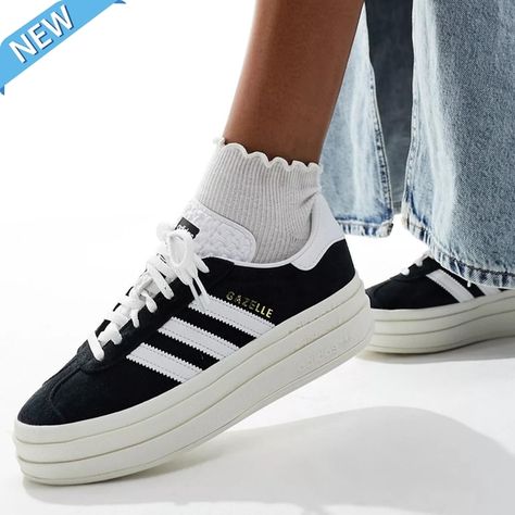 adidas Originals Women's Gazelle Bold Shoes, Black White Gold Platform Gazelle, Gazelle Platform, Platform Adidas, Gazelle Bold Shoes, Adidas Platform, Adidas Gazelle Pink, Pony Sneakers, Black Adidas Shoes, Adidas Gazelle Bold