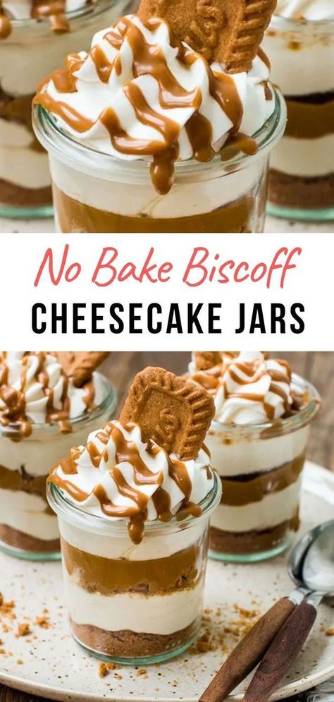 CHEESECAKE Cookie Butter Parfait, Biscoff No Bake Cheesecake Cups, No Bake Dessert Shooters, Biscoff Trifle Recipe, Dessert In Cups Ideas, Shot Glass Desserts Recipes, Individual Cheesecake, Lotus Biscoff Cheesecake, Cheesecake Jars