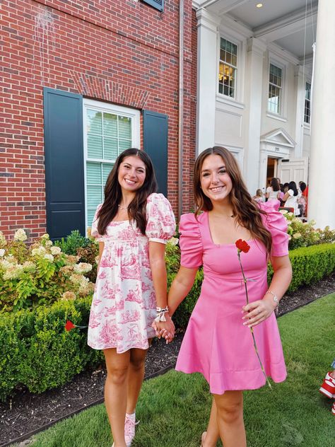 pink, college, sorority, ceremony, golden goose, dresses, friends, carnation, flowers, pinned Sorority Pin Attire, Pin Attire Sorority, Sorority Pins, Formal Ideas, Carnation Flowers, Induction Ceremony, College Sorority, Golden Goose, Sorority