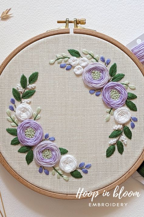 Lilac and white floral wreath embroidery PDF pattern. #floralwreath #wreathembroidery #modernembroidery #lilacembroidery Embroidery Lilac Flowers, Embroidery Lilac, Cake Embroidery, Floral Wreath Embroidery, Lilac Embroidery, White Floral Wreath, Embroidery On Canvas, Creative Embroidery Designs, Bee Embroidery Design