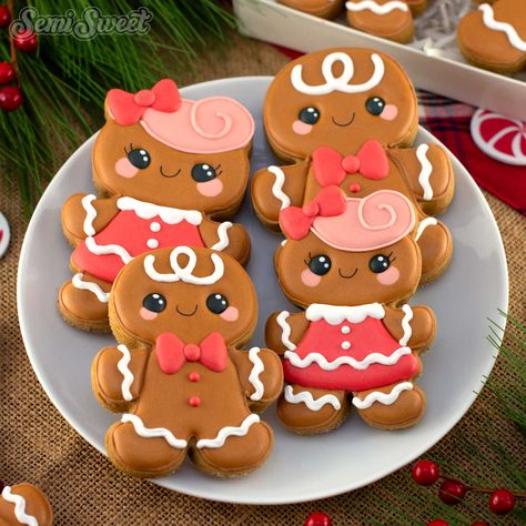 Gingerbread Girl Cookies Decorated, Gingerbread Gender Reveal Cookies, How To Decorate Gingerbread Men, Gingerbread Man And Woman, Girl Gingerbread Cookies, Royal Icing Gingerbread House, Hanukkah Foods, Gingerbread Cookie Decorating, Valentine Gingerbread