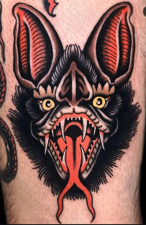 Spooky Neotraditional Tattoo, Wolfman Tattoos, Traditional Horror Tattoo, Traditional Bat Tattoo, Horror Leg Sleeve, Dracula Tattoo, Bats Tattoo Design, Tattoo Flash Ideas, Tattoo Drawing Ideas