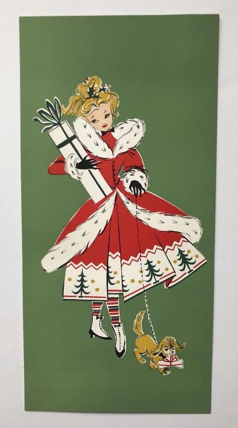 Vintage Christmas Dress, Vintage Christmas Card, Girl Red Dress, Vintage Christmas Images, Mid Century Christmas, Burton Snowboards, Old Christmas, Christmas Past, Skateboard Art