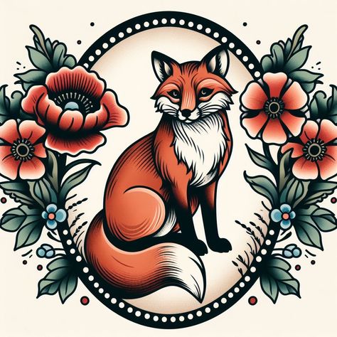 Traditional Tattoo Frame Design, Traditional Tattoo Border, Paisley Lace Tattoo, Trad Fox Tattoo, Traditional Fox Tattoo, Fox And Daisy Tattoo, Deer And Fox Tattoo, Traditional Folk Tattoo, Fox Tattoo With Flowers