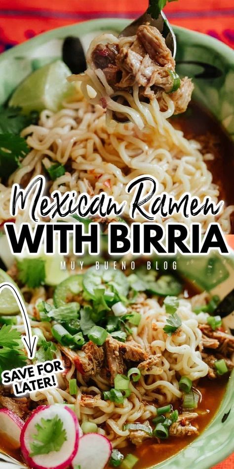 Transform your lunch or dinner into a flavorful fiesta with this easy Mexican ramen featuring delicious birria flavors. This mouthwatering meal is a creative twist to traditional ramen, infusing it with the rich and savory essence of birria. Elevate your dining experience with this simple and delicious Mexican ramen dish that's perfect for any meal. Try this easy recipe today! Mexican Ramen, Birria Ramen, Ramen Dish, Bueno Recipes, Caldo Recipe, Traditional Ramen, Ramen Dishes, Homemade Ramen, Mexican Foods