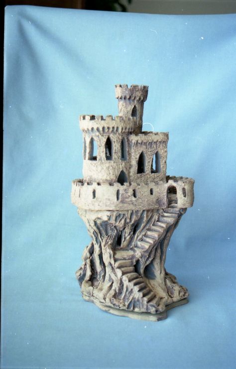 Stoneware castle light holder by Linda Woods Ruin Building, Ceramic Castle, Castle Sculpture, Stone Carving Sculpture, Whimsical Houses, Dnd Terrain, Kids Castle, Slab Ceramics, Model City