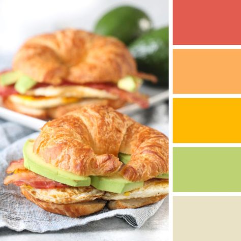 Sandwich Color Palette, Breakfast Color Palette, Fast Food Color Palette, Avocado Croissant, Croissant Breakfast Sandwiches, Food Colors Palette, Breakfast Vibes, Croissant Breakfast Sandwich, Golden Monkey