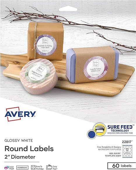 Amazon.com : Avery Printable Round Labels with Sure Feed, 2" Diameter, Glossy White, 60 Customizable Labels (22817) : All Purpose Labels : Office Products Round Sticker Labels, Customizable Labels, Thank You Labels, Templates Free Design, Circle Labels, Spice Containers, Pantry Labels, Free Labels, Round Labels