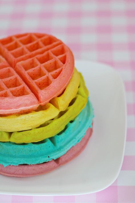 Pride Treats, Greninja Card, Neon Food Coloring, Neon Food, Rainbow Waffles, Dog Bread, Waffle Ingredients, Fluffy Waffles, Aunt Jemima