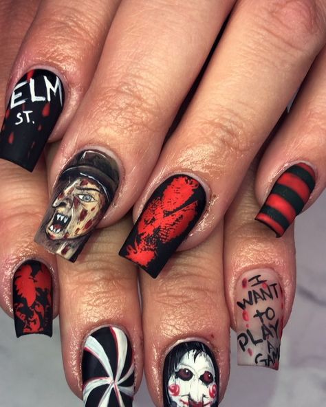 Freddy Krueger Nails, Halloween Nail Art Easy, Scary Nails, Horror Nails, Halloween Nails Diy, Halloween Acrylic, Halloween Acrylic Nails, Nail Envy, Halloween Nail