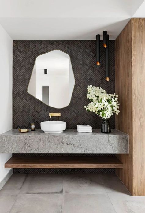 Angled Irregular Home Mirror Asymmetrical Angular Wall Decor - Etsy Minimal Bathroom Ideas, Drømme Bad, Design Interior Baie, Minimal Bathroom, Interior Boho, Interior Design Minimalist, Black Interior Design, Natural Stone Flooring, Modern Bathrooms