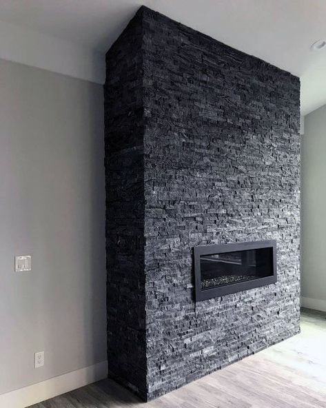 Dark Grey Stacked Stone Fireplace Ideas Black Ledger Stone Fireplace, Grey Stacked Stone Fireplace, Black And White Stone Fireplace, Dark Gray Stone Fireplace, Dark Stone Fireplace Ideas, Dark Grey Stone Fireplace, Black Stacked Stone Fireplace, Black Stone Fireplace Ideas, Dark Grey Fireplace