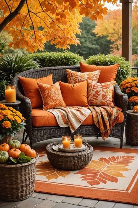 Backyard Fall Decor, Fall Balcony Decor, Cozy Fall Porch, Fall Patio Decor, Fall Porches, Fall Fireplace Decor, Fall Scenes, Fall Patio, Fall Front Porch Decor Ideas