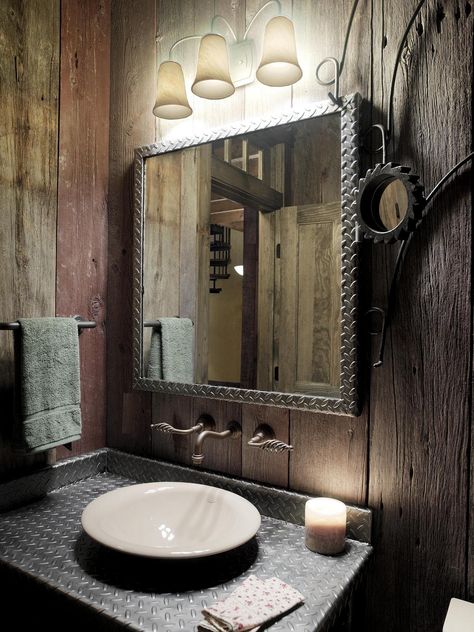 STEAMPUNK BATHROOM IDEAS – Steampunk bathroom style offers you an odd industrial look. The bathroom concept blends the romantic view of science in lit... Bathroom Lamp Ideas, Steampunk Bathroom Decor, Mens Wall Decor, Rustic Powder Room, Traditional Powder Room, Steampunk Bathroom, Rustic Bathroom Mirrors, Rustic Bathroom Lighting, Bathroom Lighting Design