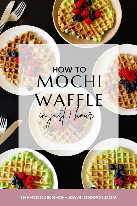 Mochi Waffles makes 8 16 oz. sweet glutinous rice flour 1 cup sugar 2 teaspoons baking powder 1/2 teaspoon kosher salt 2 tablespoons black sesame seeds or 1/4 teaspoon pandan extract 4 tablespoons butter, melted and cooled to room temperature 13. oz can of coconut milk, well shaken 2 beaten eggs, room temperature Mochi Waffle Recipe, Mochi Waffle, Mochi Waffles, Shrimp Toast, Scallion Pancakes, Bubble Waffle, Glutinous Rice Flour, Waffle Recipe, Waffles Maker