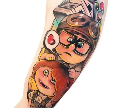 Tattoo photo - Carl and Ellie tattoo by Yeray Perez Carl And Ellie Tattoo, Disney Movie Up, Up Carl And Ellie, Carl And Ellie, Pocket Watch Tattoos, Food Tattoos, Panda Tattoo, Cartoon Tattoo, Tattoo Expo