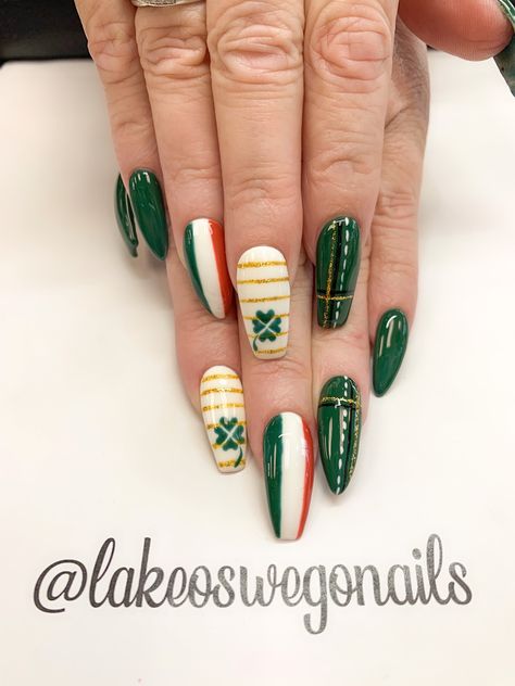 Irish Themed Nails, Irish Nail Art, Ireland Nail Art, Irish Flag Nails, Scotland Nail Design, Irish Inspired Nails, Ireland Nails, Irish Plaid Nails, Irish Nail Designs