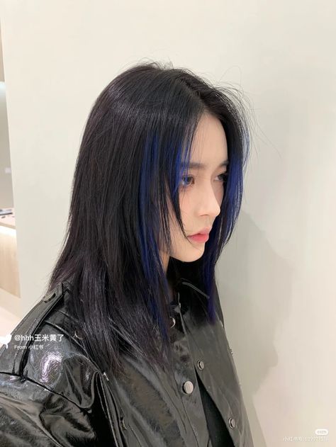 Dark Blue Hair On Black Hair, Midnight Blue Hair Asian, Dark Blue Hair Dye On Brown Hair, Blue Asian Hair, Blue Color Block Hair, Streaks In Black Hair, Midnight Hair Color, Espresso Hair Color, Midnight Blue Hair