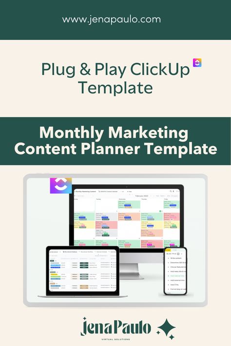 Want to save time planning out your monthly marketing content? Check out my Plug and Play ClickUp Marketing Content Template for brainstorming, organizing, and planning, your social media, email marketing, and blogs. This ClickUp Content Tracking template features: content creation workflows & automation, categorized marketing databases, and monthly content calendars. Save yourself time, energy, and money by snagging this! Check out more templates and ClickUp resources at jenapaulo.com Content Planner Template, Content Template, Tracking Template, Time Planning, Content Marketing Plan, Content Planner, Marketing Content, Content Calendars, Jena