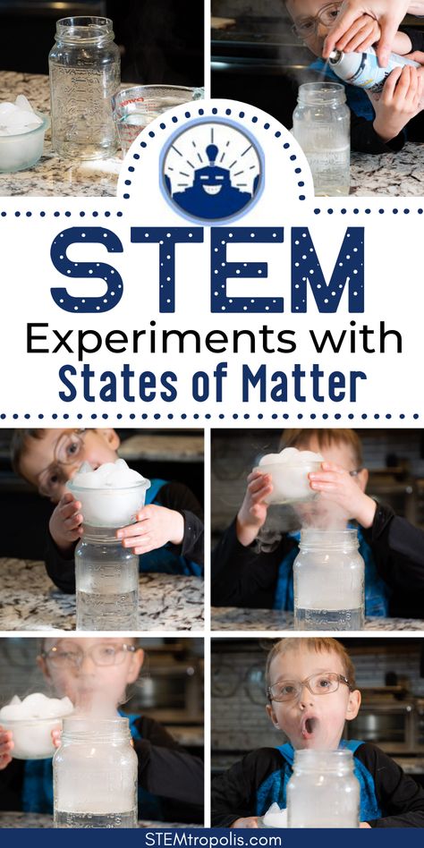 Check out these States of Matter activities and experiments you can do at home or in the classroom. These are also a great way to break up your home school lessons with some interactive activities.   Click to find kids activities, STEM challenges, STEAM projects and science experiments at STEMtropolis.com Cloud In A Jar Experiment, States Of Matter Experiments, Spring Stem Activities, Matter Experiments, Matter For Kids, Cloud In A Jar, Matter Activities, Weather Activities For Kids, Weather Activity