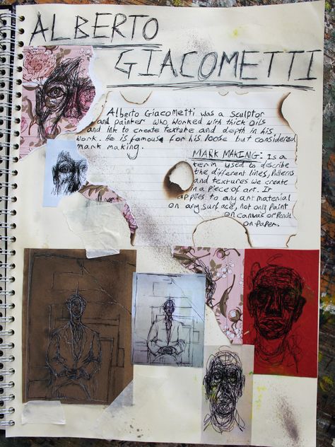 A1 Fine Art A3 White Sketchbook Giacometti Research Exploring Media Thomas Rotherham College 2018 Anselm Kiefer Sketchbook, Giacometti Drawings, College Sketchbook, Giacometti Art, Igcse Art, Alevel Art, Reflective Journal, Anselm Kiefer, Art Alevel