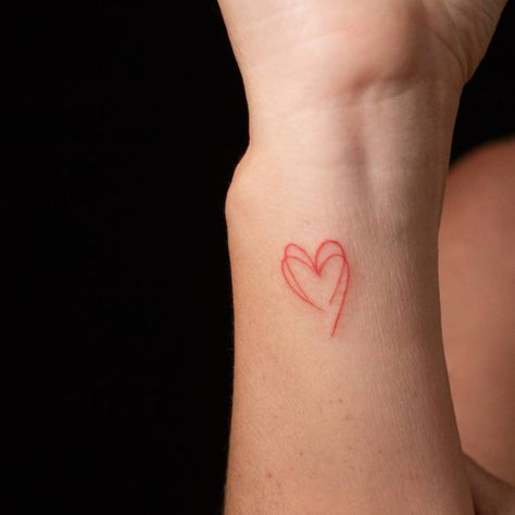 Messy Heart Tattoo, Handwritten Heart Tattoo, Orange Heart Tattoo, Overlapping Heart Tattoo, Heart Stamp Tattoo, Overlapping Hearts Tattoo, Bi Tattoos For Women, Red Love Heart Tattoo, Fine Line Heart Tattoo