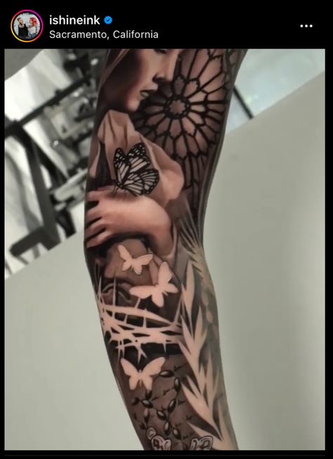 Negative Butterfly Tattoo, Butterfly Negative Space, Reverse Tattoo Negative Space, Negative Space Floral Tattoo, Negative Space Tattoo Flower, Full Leg Sleeve Tattoo Female, Negative Space Tattoo, Sleeve Ideas, Leg Sleeve Tattoo