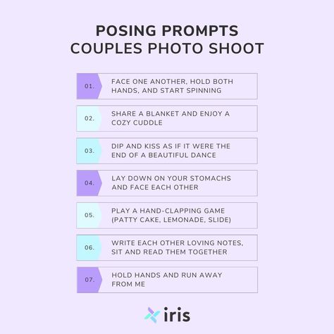 Enhance your couple's photo sessions with these delightful prompts crafted to capture the true essence of love. 💑 These prompts are fantastic for bringing out heartwarming moments between couples and ensuring your photos narrate their one-of-a-kind story. Which of these prompts speaks to your photography style? #IrisWorks #CouplesPhotographer #CouplePhotoshoot #PhotographyBusiness #photographyprompts Couples Photography Prompts, Photo Prompts For Couples, Couples Posing Prompts, Couple Prompts Photography, Notebook Photoshoot, Posing Prompts, Photography Prompts, Photography Price List, Photography Timeline