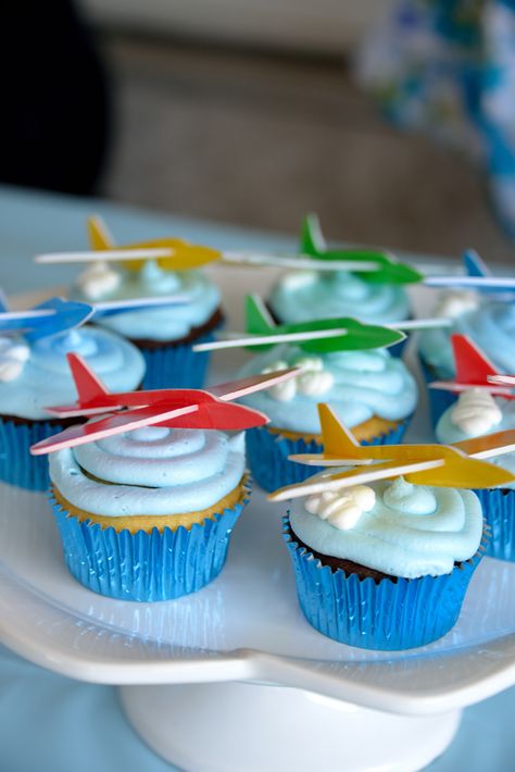 Airplane Birthday cupcakes.  love these planes for toppers                                                                                                                                                                                 More Planes Birthday Party Ideas, Jet Plane Birthday Party, Airplane Theme Cupcakes, Airplane Birthday Party Cake, Airplane Birthday Cupcakes, Aeroplane Birthday Party Ideas, First In Flight Birthday Party, Airplane Food Ideas, Plane Cupcakes