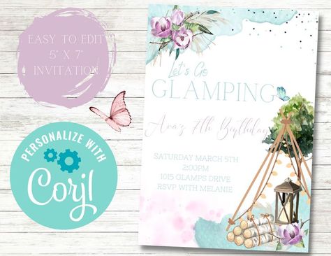 Birthday Party Camping, Camping Invitations, Glamping Birthday, Glamping Party, Girl Sleepover, Go Glamping, Luxury Glamping, Sleep Over, Camping Glamping