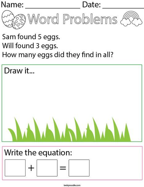 Easter Egg Addition Word Problem Math Worksheet - Twisty Noodle Word Problems Kindergarten, Simple Word Problems, Math Solving, Maths Worksheet, First Grade Words, Picture Comprehension, Problem Solving Worksheet, Addition Words, Cvc Words Kindergarten