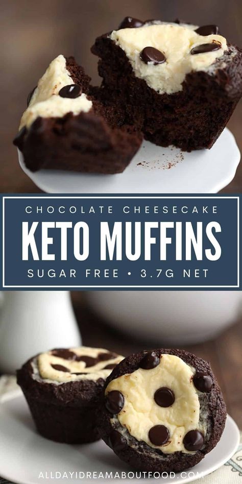 Delectable low carb chocolate muffins with a sugar-free cheesecake filling and keto-friendly chocolate chips. Make breakfast delicious again! Keto Chocolate Muffins, Chocolate Cheesecake Muffins, Keto Chocolate Cheesecake, Cheesecake Muffins, Sugar Free Cheesecake, Postre Keto, Keto Friendly Desserts, Low Carb Dessert, Cheese Muffins