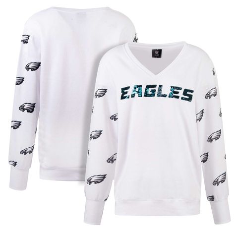 Philadelphia Eagles Cuce Women's Sequin Fleece V-Neck T-Shirt - White Eagles Sweatshirt, Philadelphia Eagles Fans, Gameday Couture, Tommy Hilfiger Women, Philadelphia Eagles, Quarter Zip Pullover, White Sweatshirt, Long Sleeve Pullover, Casual Outfit