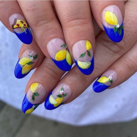 Yellow Lemon Nails, Lemon Nail Designs, Fruit Nail Ideas, Blueberry Nails, Fruit Nail Designs, Fruit Nail, Lemon Nails, Fun Fruit, Best Fruits