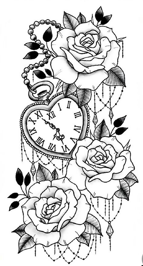 Clock And Rose Tattoo Design For Women, Goth Flower Tattoo, Gothic Floral Tattoo, Tattoo Donna, Tato Jam, Clock And Rose Tattoo, Drawing Wood, Feminine Minimalist, Half Sleeve Tattoos Drawings