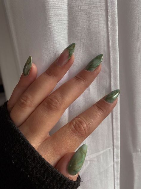 Green Nails Tan Skin, Green Earrings Outfit Casual, Jade Green Almond Nails, Green Earth Tone Acrylic Nails, Fairy Core Nails Acrylic, Green Minimalist Nails, Green Elegant Nails, Green Brown Nails, Green Velvet Nails